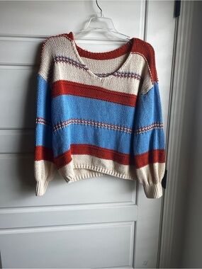 Casual V-Neck Striped Sweater in Orange, Blue & Cream